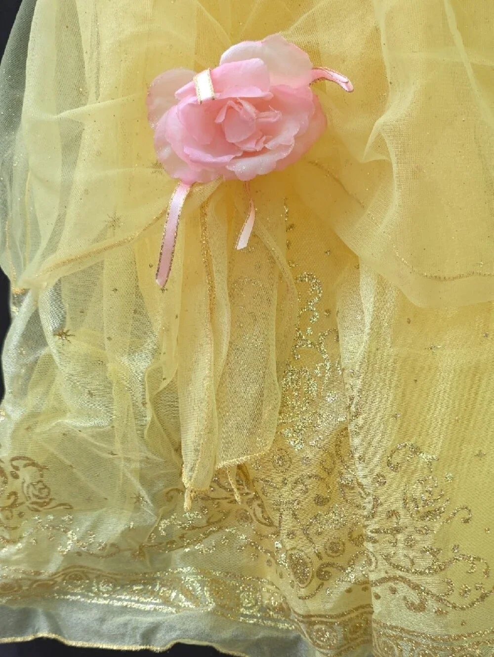 Disney Princess Belle Ball Gown Costume with Pink Floral Accents.